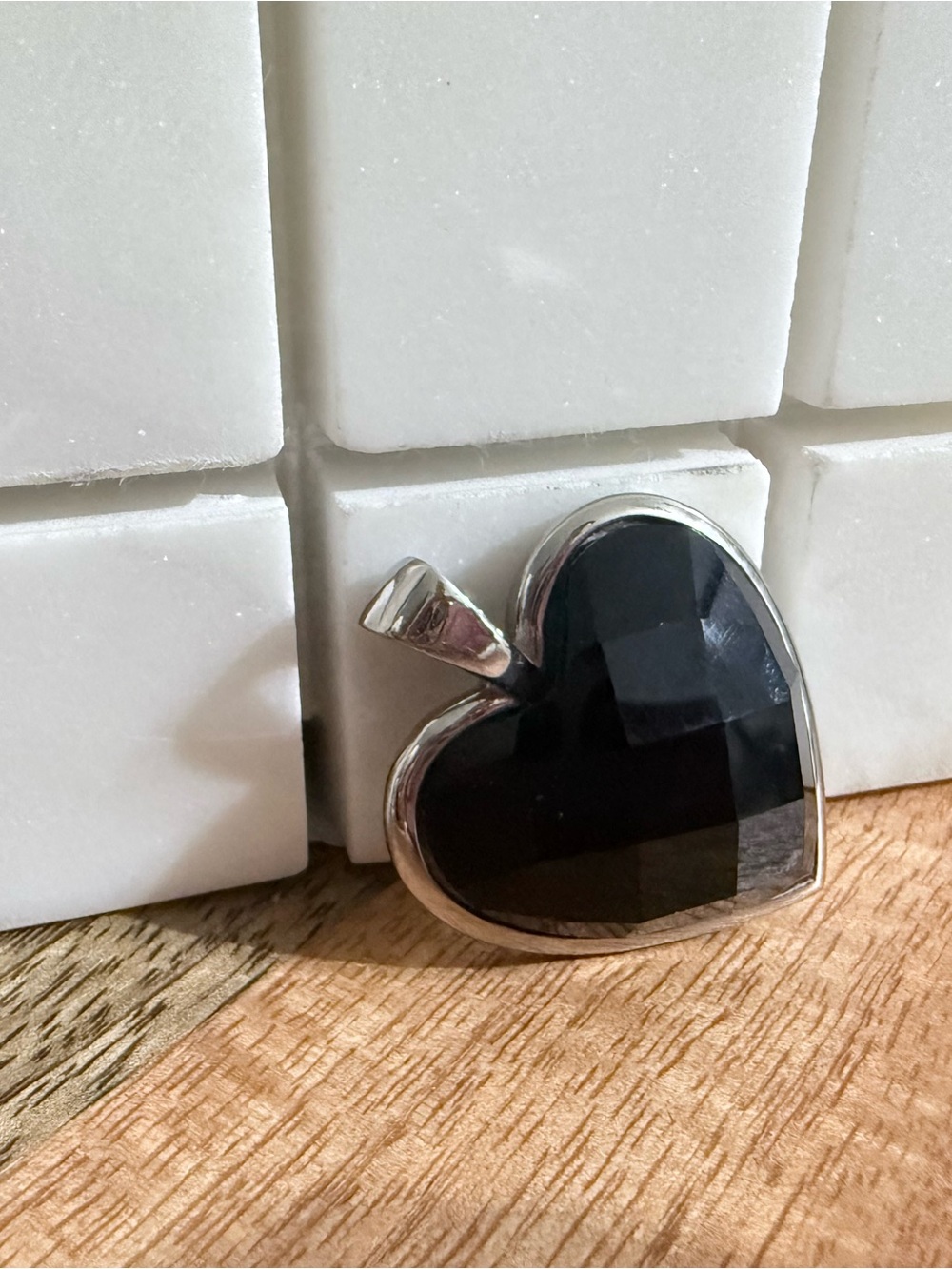 Black Heart Pendant Necklace - Polished Silver Frame